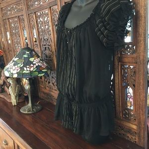 Black/gold sheer peasant blouse smocked waist